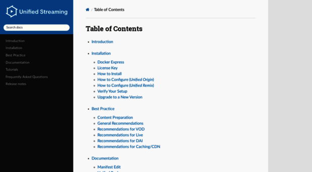 Screenshot of docs.unified-streaming.com website