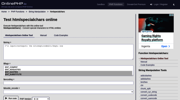 htmlspecialchars.onlinephpfunctions.com