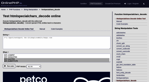 htmlspecialchars_decode.onlinephpfunctions.com