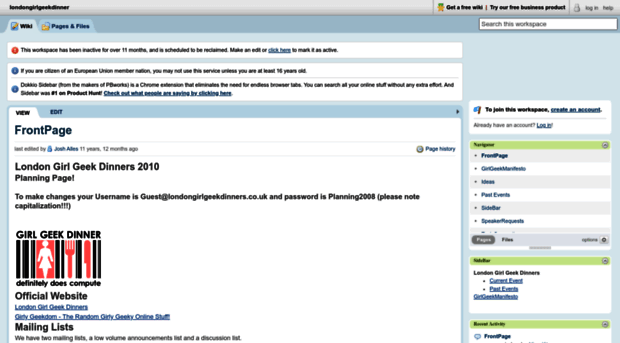 londongirlgeekdinner.pbwiki.com