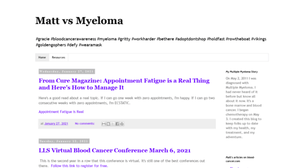 Screenshot of mattvsmyeloma.com website